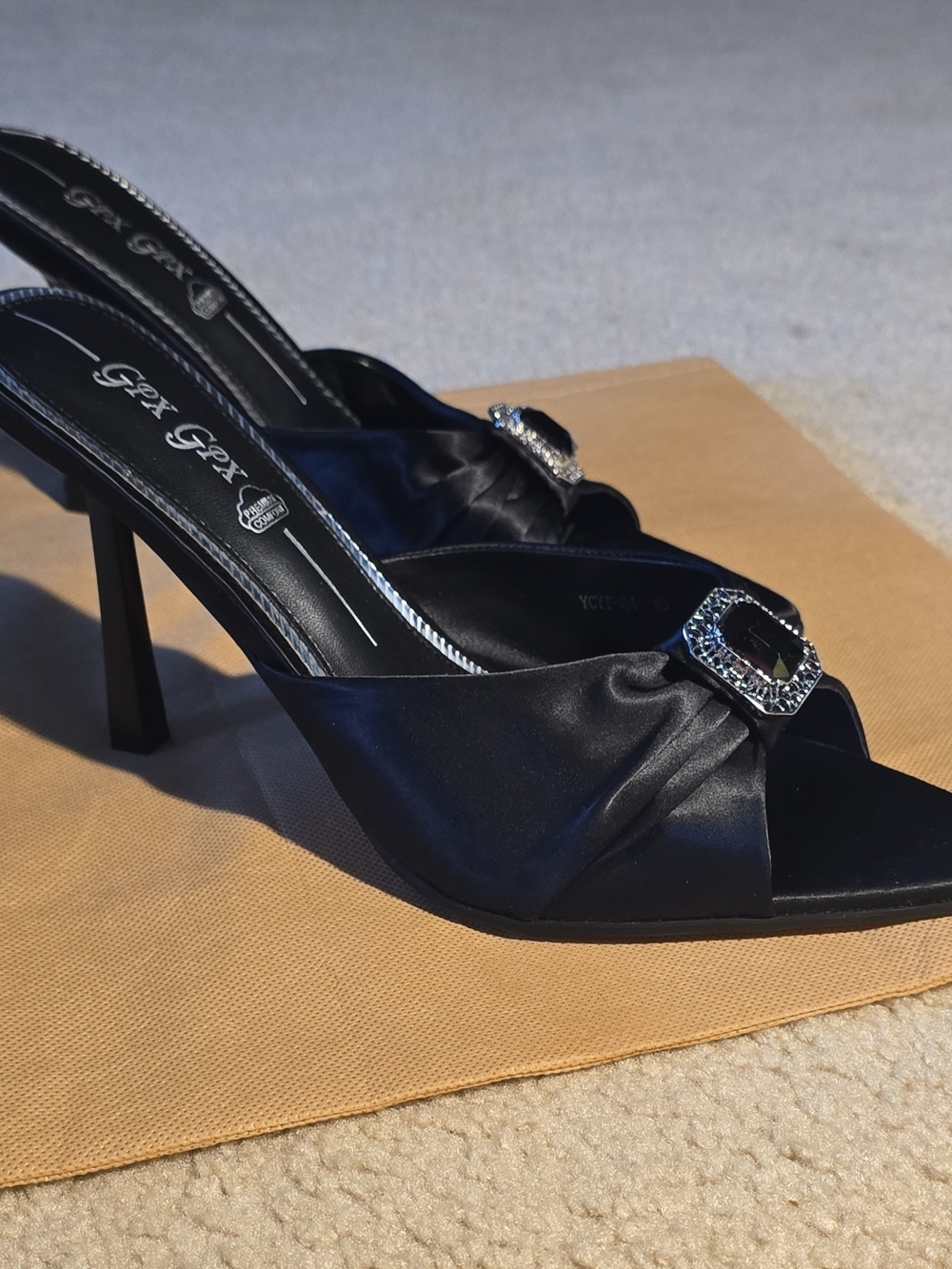Black Satin Slingback Heels with Crystal Buckle